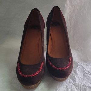 Anthropologie Holding Horses Brown Suede Pumps with Red Cross Embroidered Stit…